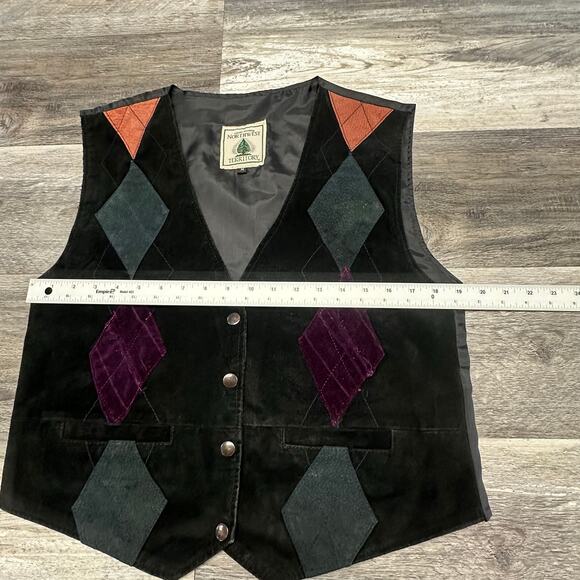 Vintage 90s Northwest‎ Territory Black Argyle Mens M Suede Leather Vest Western - Picture 6 of 9